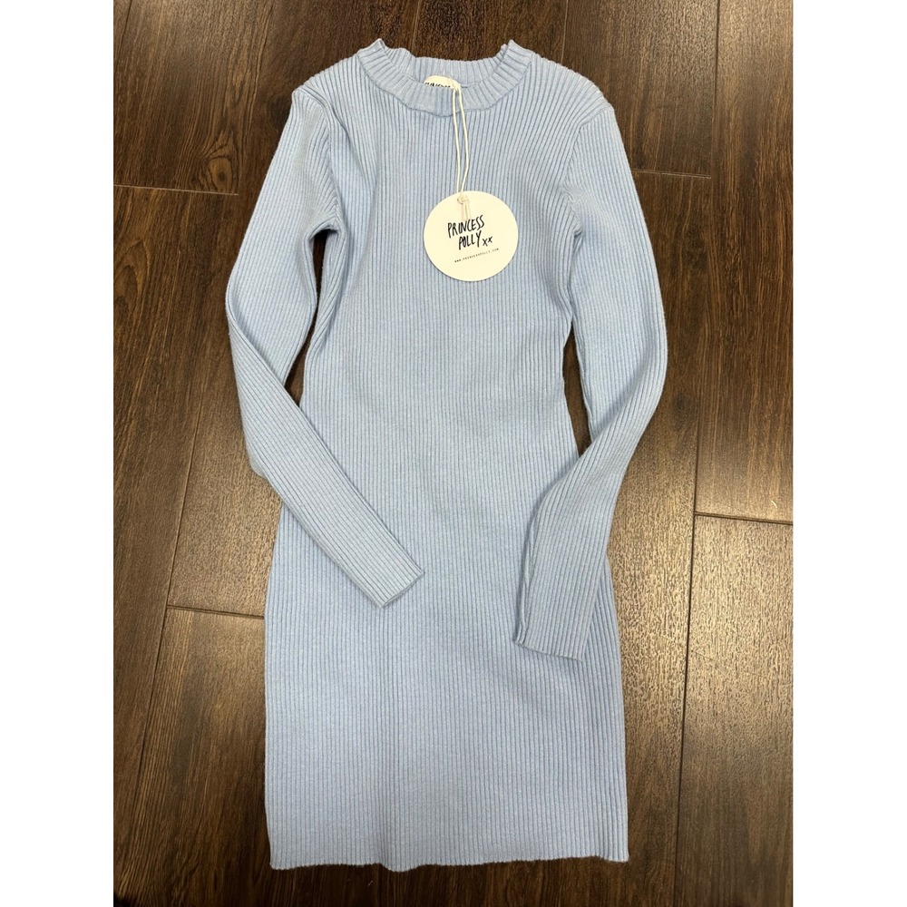 NWT Princess Polly Selina Ribbed Long Sleeve‎ Mini Dress - Ice Blue (L/XL)